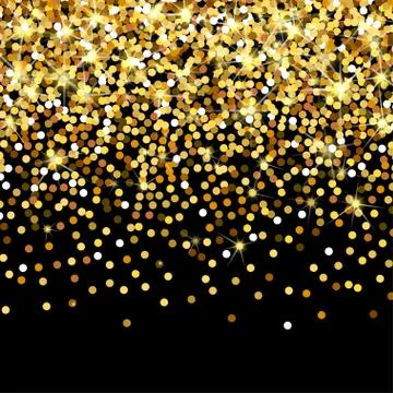 Falling golden particles on a black background. Scattered golden confetti. Rich Stock Illustration