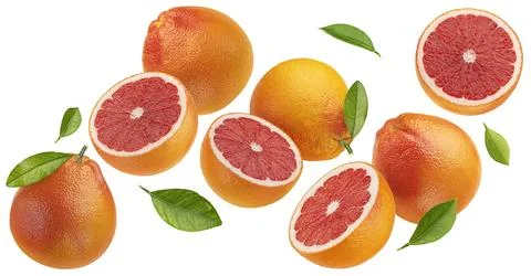 Falling grapefruits isolated on white background Fotos Stock