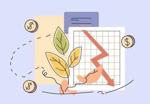 Falling graph trade war tariffs war economic decline coins leaves abstract イラスト素材