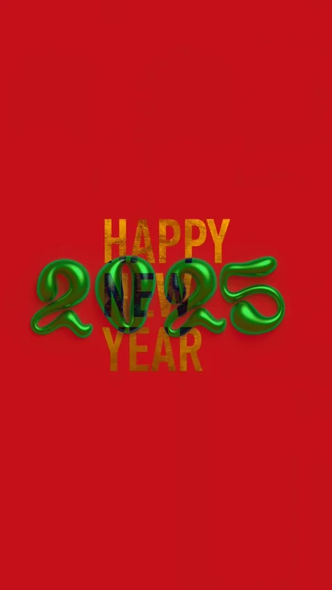 Falling green 3D 2025 and gold text Happy New Year on red background Stock Footage 288909458