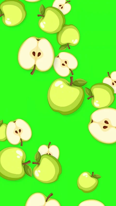 Falling Green Apples and Slices Animation on Green Background Stock Footage 345118027
