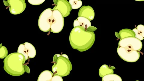 Falling Green Apples and Slices Animation on Black Background Stock Footage 345300984