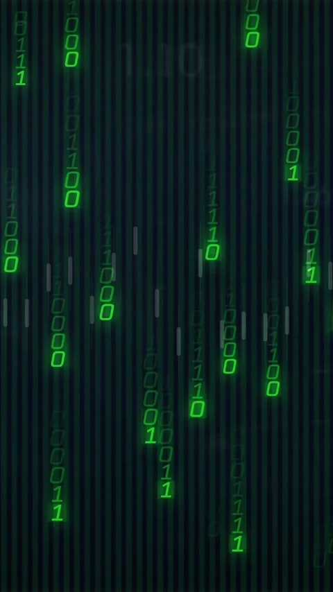 Falling green binary code creating digital rain animation over dark background Stock Footage 319617847