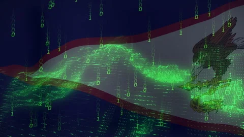 Falling green binary digits landing on American Samoa flag forming patterns to 動画素材 313308009