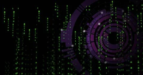 Falling green binary streams in digital HUD with purple rings, white particle 스톡 사진
