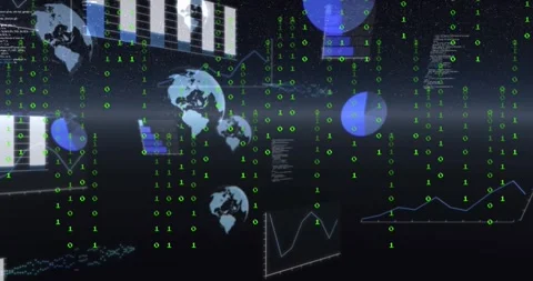 Falling green binary streams growing, shifting and revealing globe icons, Stock Footage 329471124