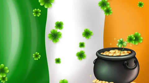 Falling Green Clovers Over Pot of Gold and Irish Flag Background Stock Footage 339043742