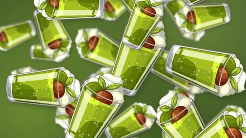 Falling Green Dessert Cups with Whipped Cream and Cherry Animation Stock Footage 342319349
