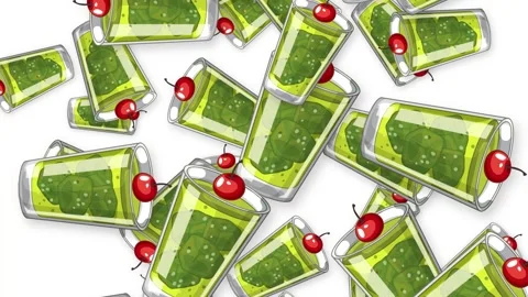 Falling Green Dessert Glasses with Red Cherries on White Background Stock Footage 344832177