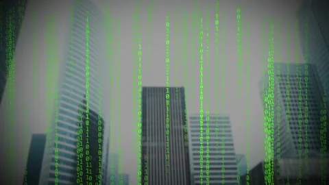 Falling green digital rain code over a futuristic corporate city skyline. Stockbeeldmateriaal 312672546