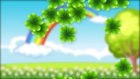 Falling Green Four Leaf Clovers Over Sunny Landscape With Rainbow Video stock 342320273