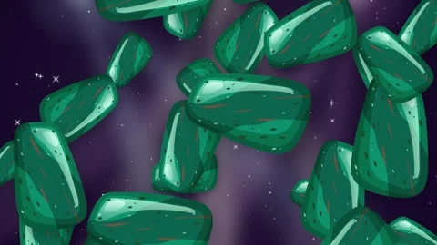 Falling Green Gemstones and Crystals Over Purple Glitter Space Background Stock Footage 342470828