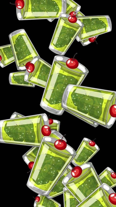 Falling Green Jelly Dessert Glasses with Cherries on Black Background Stock Footage 343471580