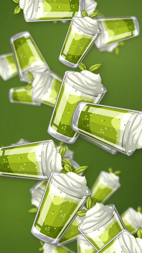 Falling Green Matcha Dessert Cups Animation on Gradient Background Stock Footage 344931450