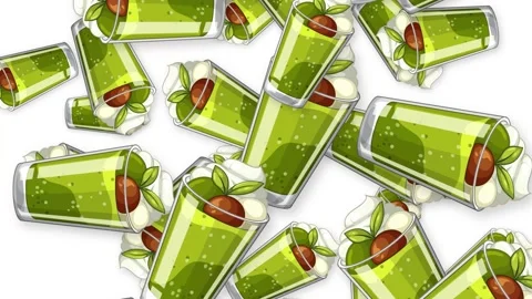 Falling Green Matcha Dessert Cups Animation on White Background Stock Footage 345117940