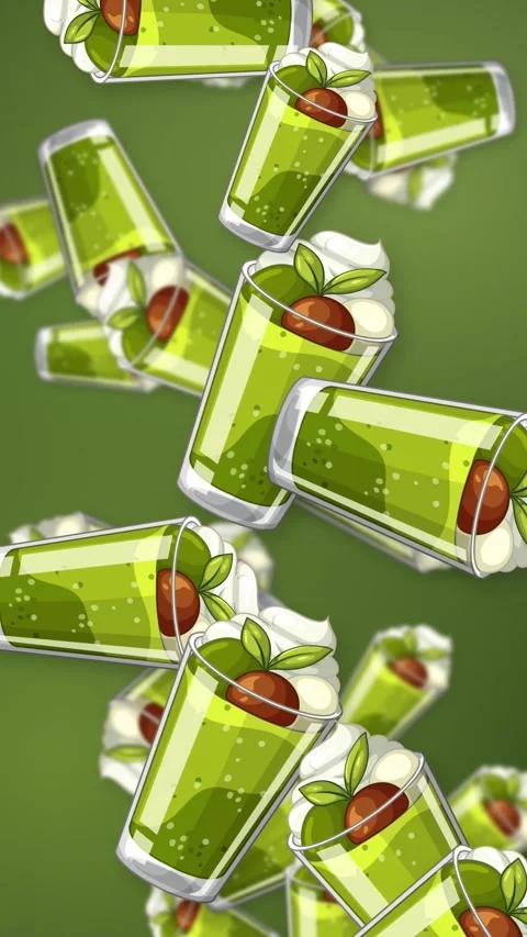 Falling Green Matcha Dessert Glasses Animation on Green Background Stock Footage 345804148