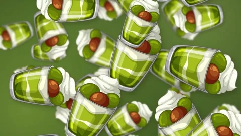 Falling Green Matcha Parfait Dessert Objects on Green Mesh Background Stock Footage 344846038