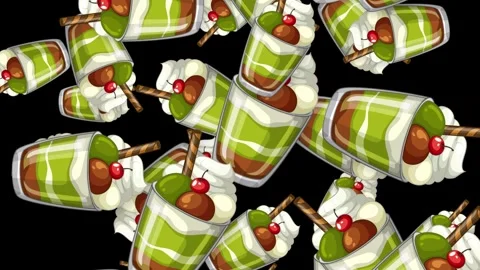 Falling Green Matcha Parfait Dessert Animation on Black Background Stock Footage 345197739