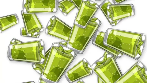 Falling Green Matcha Tea Glasses Animation on White Background Stock Footage 342318745