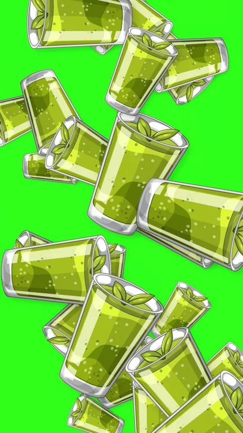 Falling Green Matcha Tea Glasses Animation on Green Background Stock Footage 345297171