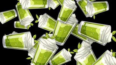 Falling Green Matcha Tea Smoothies with Whipped Cream on Black Background Stock Footage 345041296