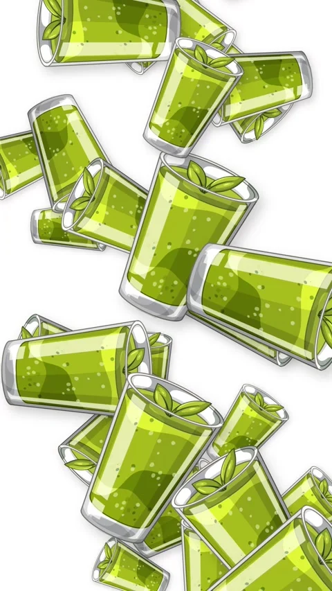 Falling Green Smoothie Glasses Animation on White Background Stock Footage 345308111