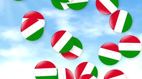 Falling Green White and Red Soccer Balls Against Cloudy Blue Sky Stock Footage 340760060