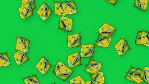 Falling Group of Cartoon Monster Objects on Green Background Stock Footage 340323784