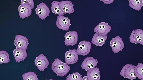 Falling Group of Purple Cartoon Germ Characters on Dark Mesh Background Stock Footage 340758452
