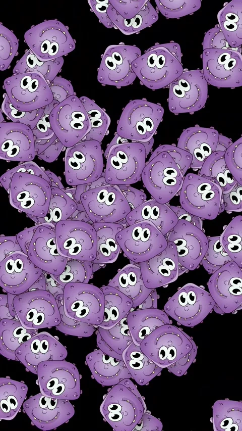 Falling Group of Purple Cartoon Germ Characters on Black Background Stock Footage 341378855