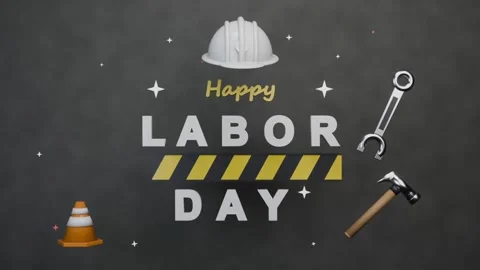 Falling hard hat causing Happy LABOR DAY graphic forming in studio, flanked cone Stock Footage 340268223