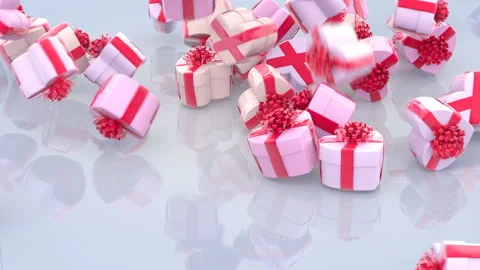 Falling hearts gift boxes with red bows and ribbons Stock Footage 146937422