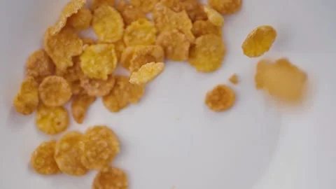 Falling Honey Cornflakes, Macro, Slow Motion. Healthy Breakfast Stock Footage 228234423