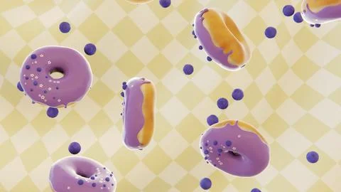 Falling horizontal 3D glazed blueberry donuts berries fresh vitamins summer Stock Illustration