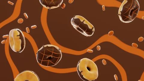 Falling horizontal 3D glazed caramel donuts nougat candies dragee brownie Stock Illustration