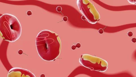 Falling horizontal 3D glazed cherry donuts berries love hearts valentines Stock Illustration