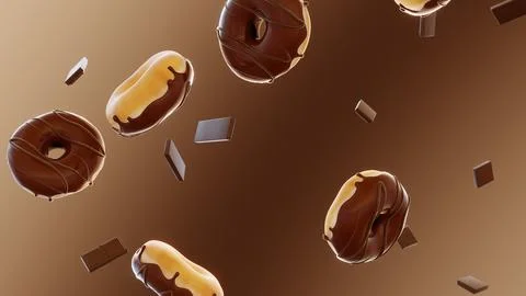 Falling horizontal 3D glazed chocolate cocoa donuts illustration render frost Stock Illustration