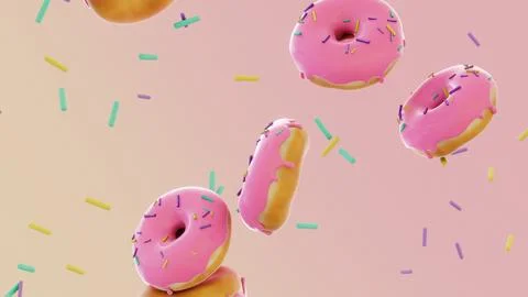 Falling horizontal 3D glazed donuts illustration render frost icing pink menu Stock Illustration
