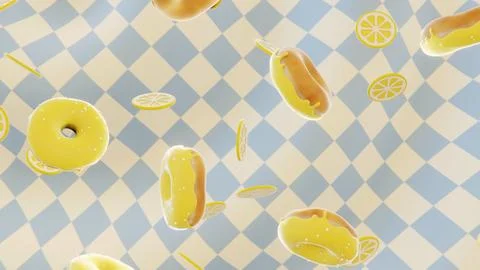 Falling horizontal 3D glazed lemon curd donuts citrus fresh vitamins summer Stock Illustration