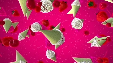 Falling Ice Cream Cones and Fruit on Bright Pink 스톡 동영상 244659206