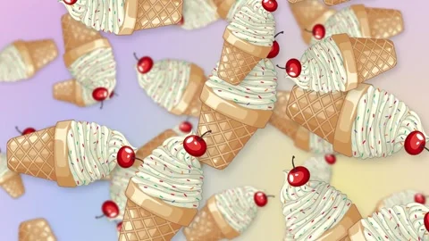 Falling Ice Cream Cones with Cherries on Pastel Mesh Background Stock Footage 344231062