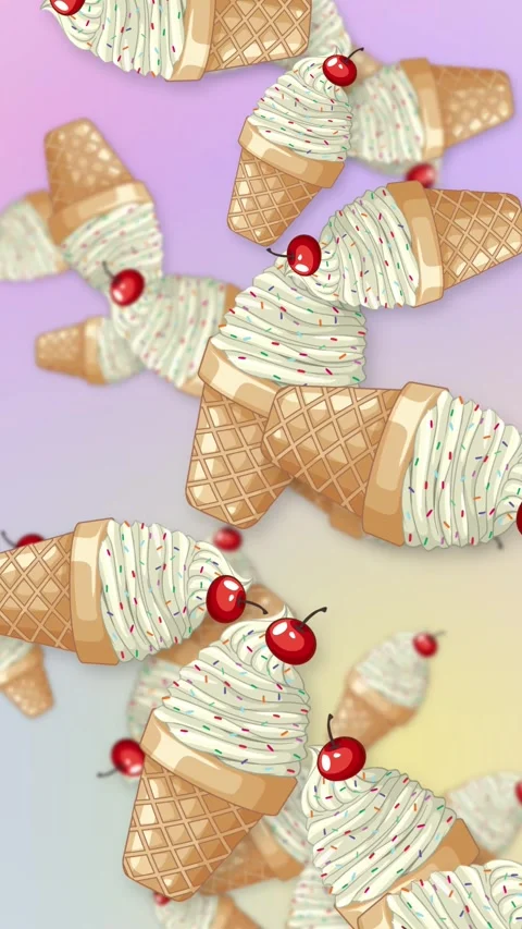Falling Ice Cream Cones with Cherries on Pastel Mesh Background Stock Footage 344377726