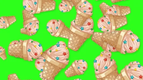 Falling Ice Cream Cones with Star Sprinkles on Green Screen Stock Footage 344379363