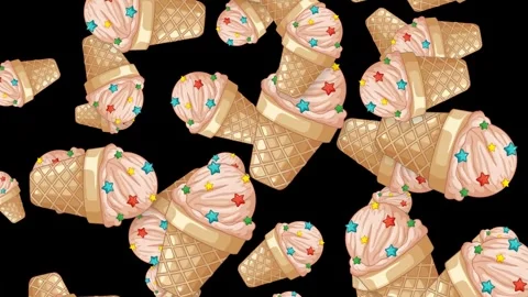 Falling Ice Cream Cones with Star Sprinkles on Black Background Stock Footage 344836374