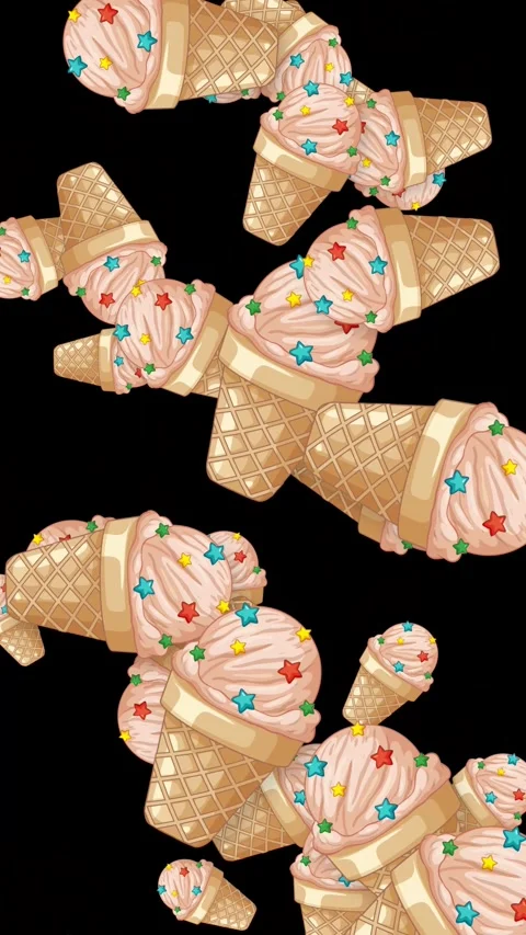 Falling Ice Cream Cones with Star Sprinkles on Black Background Stock Footage 345304245