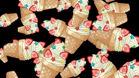 Falling Ice Cream Cones with Strawberries and Stars on Black Background Stock Footage 342722029