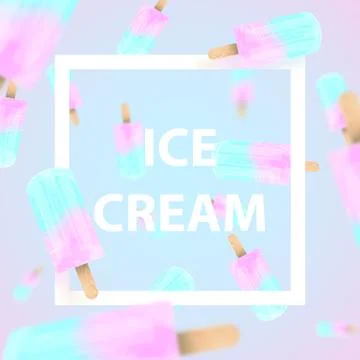 Falling ice cream popsicles blue and pink pastel colors background. Text Ice Stock Illustration