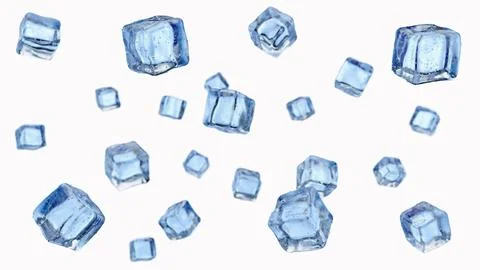 Falling ice cubes isolated on white background with blur and dof. Stock Illustration