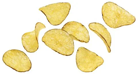 Falling kettle potato chips isolated on white background, full depth of field Stock Photos