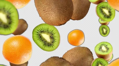 Falling kiwis and oranges Background, with Alpha Channel, Loop  스톡 동영상 231061907